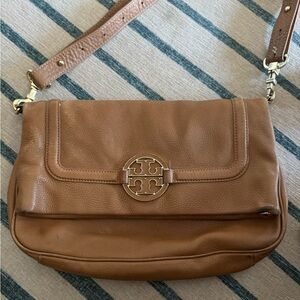 Tory Burch Amanda Foldover Crossbody Convertible Pebbled Tumbled tan leather